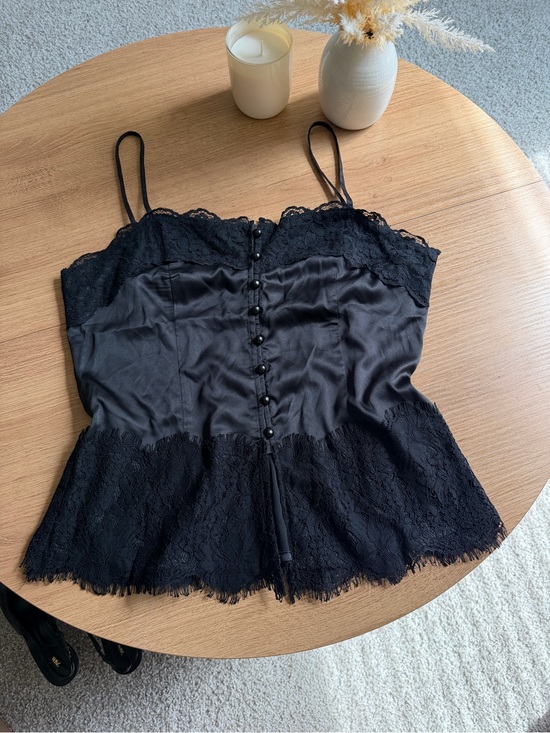 Commense Tops - Commense Black Lace satin Camisole with Fringe Hem